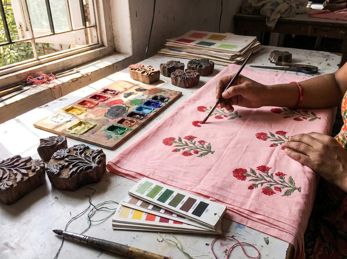 Artisan hand-painting a floral motif on cotton dress fabric beside printing blocks