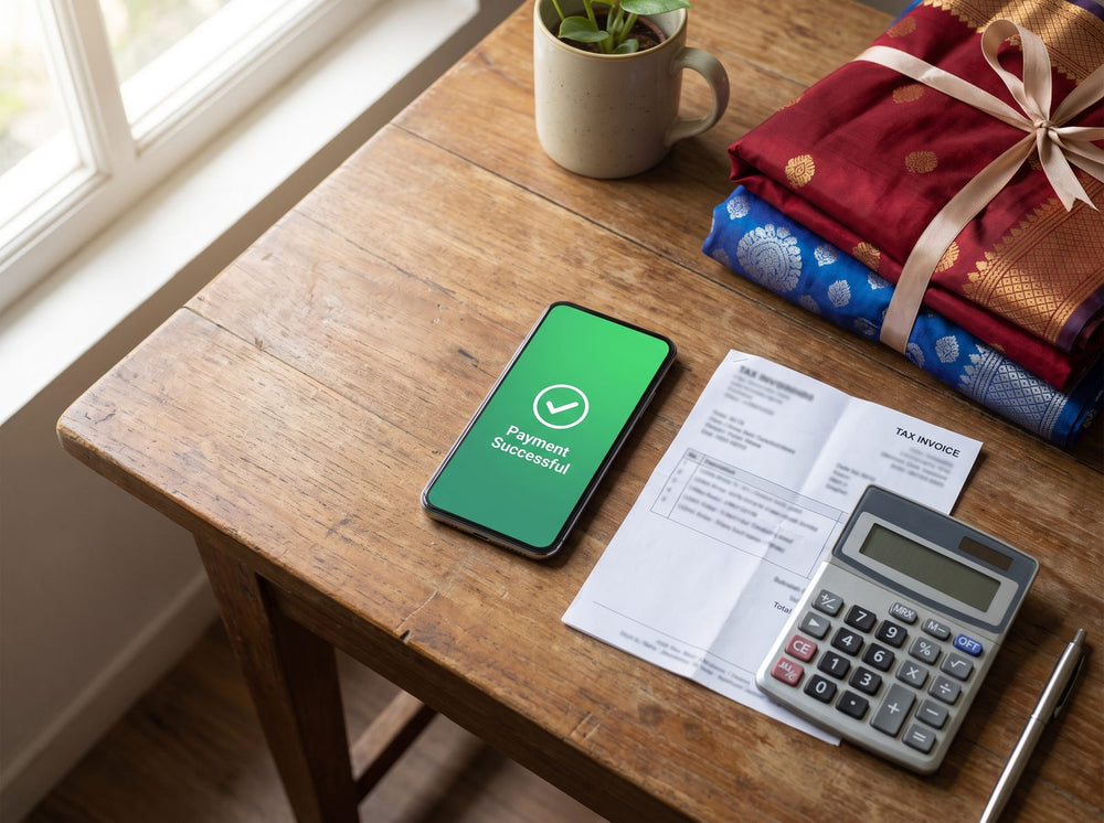 Phone payment confirmation and a printed invoice beside folded silk sarees