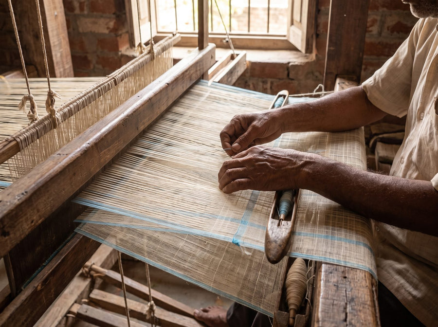 Weaver making Kota Doria fabric on a handloom