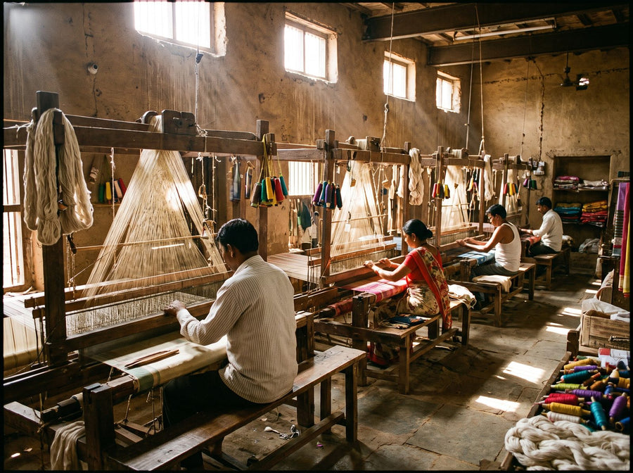 Handloom workshop with weavers at their looms