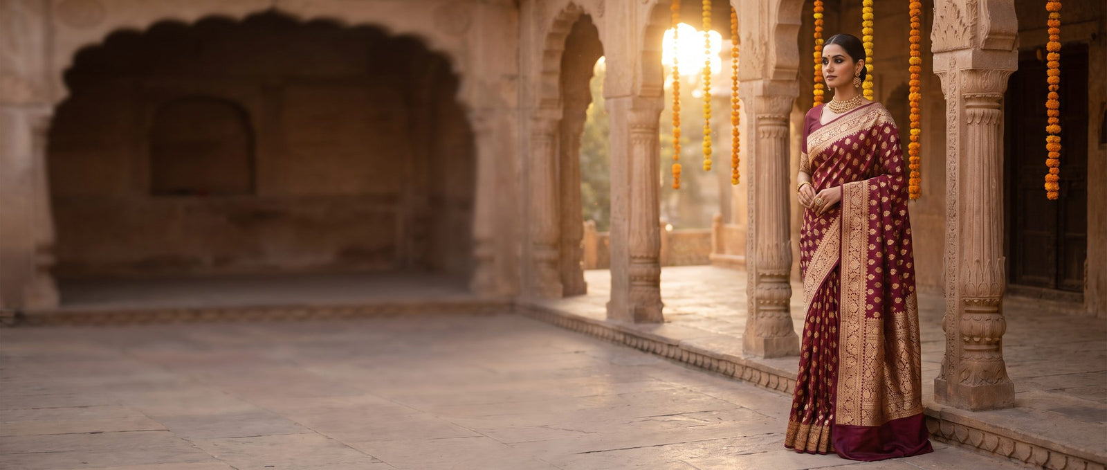 Woman in a Banarasi saree in a heritage haveli courtyard