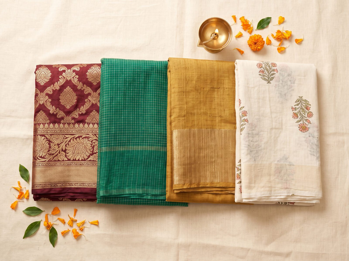 Folded Banarasi, Kota Doria, tussar and block-printed cotton sarees