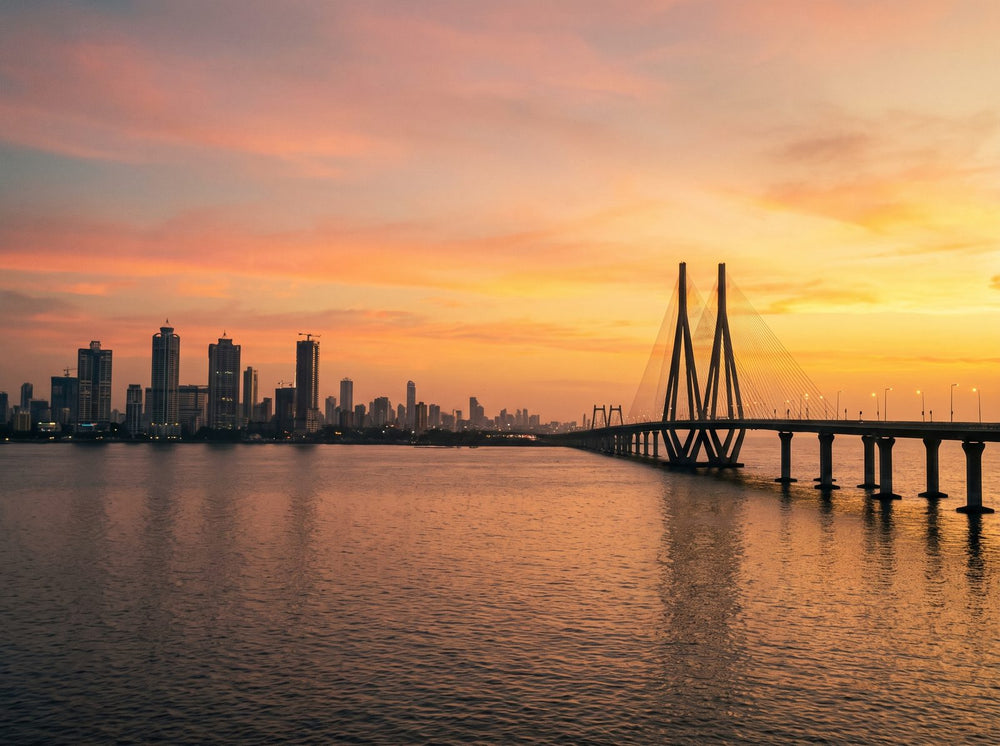 Mumbai skyline with the Bandra-Worli Sea Link at golden hour