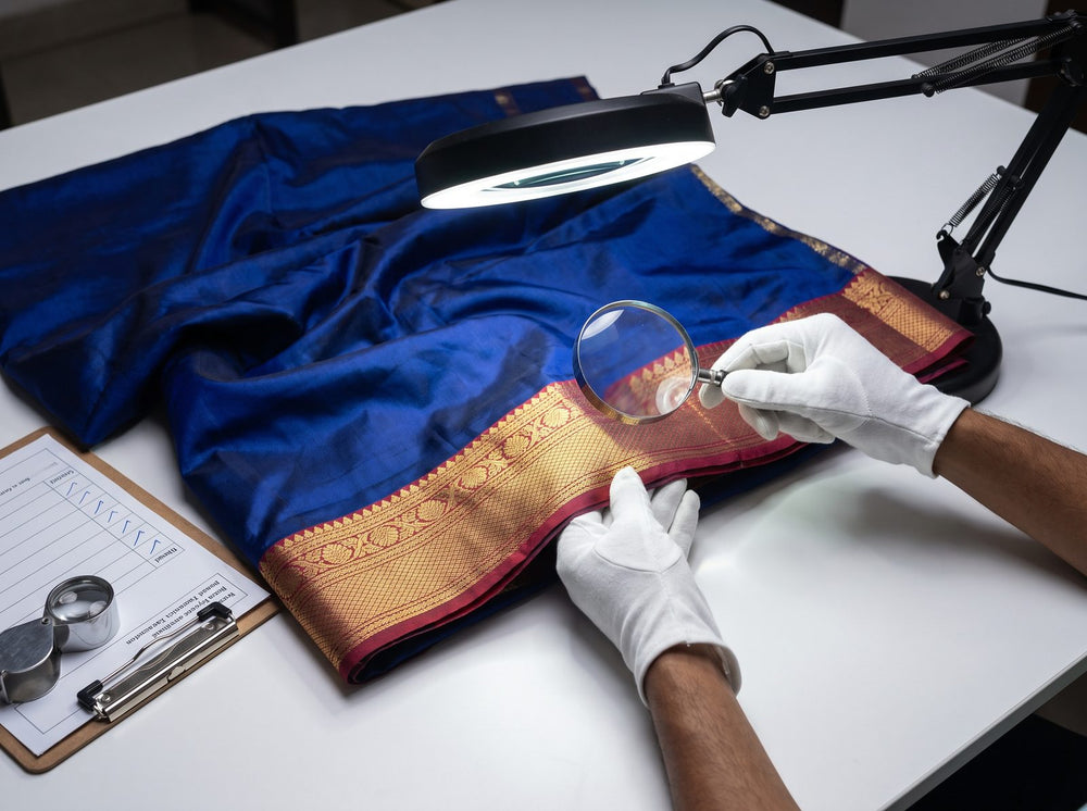 Quality checker examining the woven border of a silk saree under a lamp
