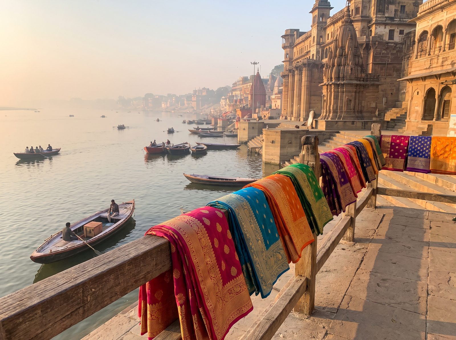 Banarasi silk sarees draped by the ghats of Varanasi at sunrise