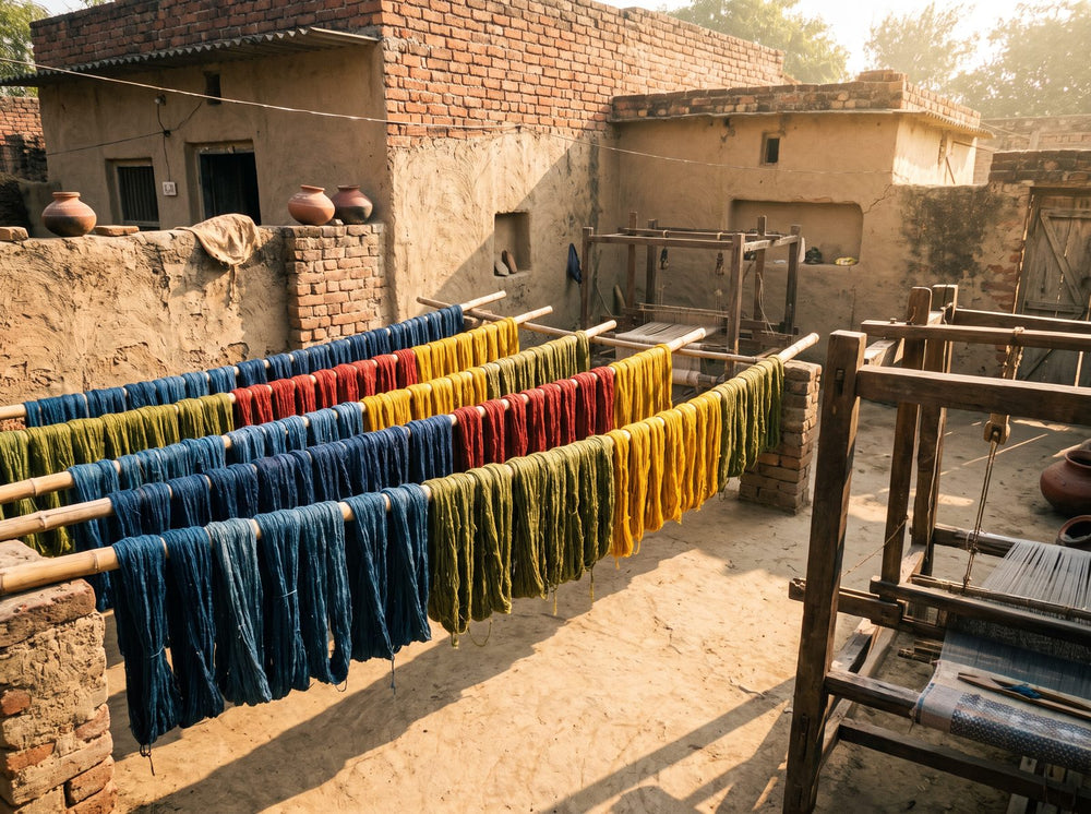 Dyed cotton and silk yarn drying in a weaving village courtyard