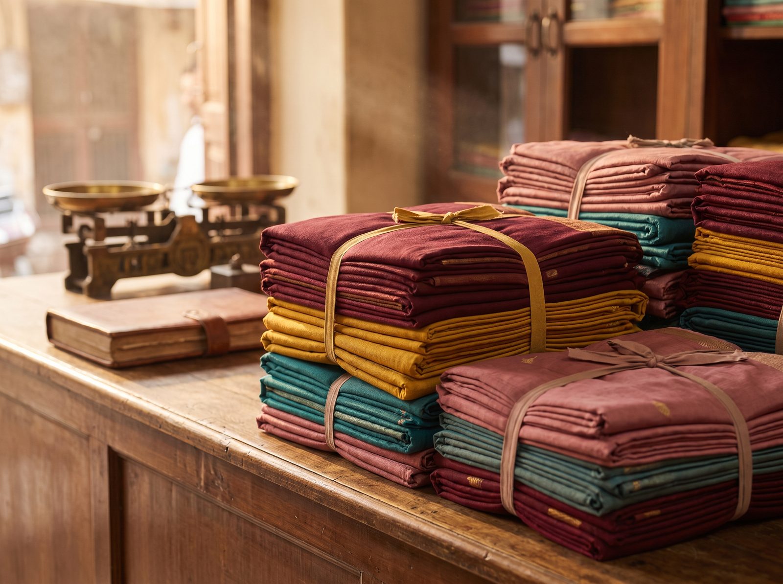 Stacks of folded sarees tied in bundles at a textile wholesale house