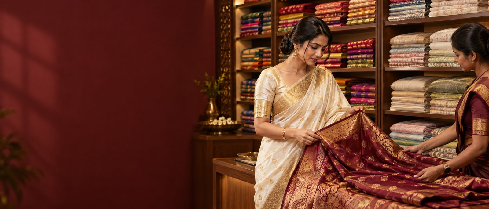 Wholesale saree showroom in Mumbai with folded Kota Doria, Banarasi and linen sarees on shelves