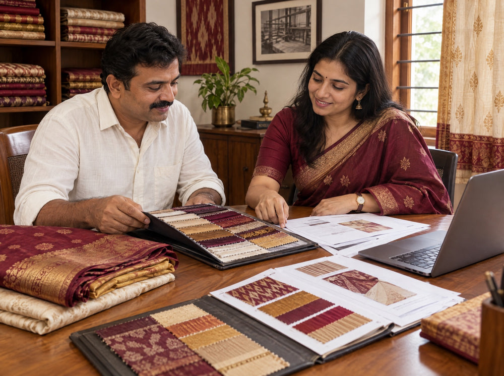 Weaving unit owner and sourcing manager reviewing fabric swatch books during supplier onboarding