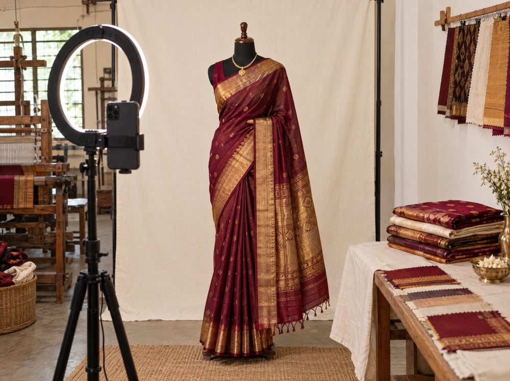 Silk saree on a mannequin being photographed with a phone and ring light for a wholesale catalogue