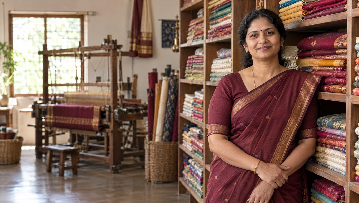 Saree manufacturer standing beside shelves of folded sarees and a handloom in her production unit in India